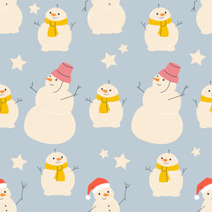 Snowman pattern. Cozy winter. Adorable  xmas seamless pattern set for background, wrapping paper, fabric, surface design. Modern Christmas repeatable motif colourful . stock vector illustration. 