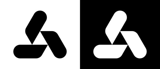 Triangle with 3 rounded shapes as logo, icon or design element. Black shape on a white background and the same white shape on the black side. - obrazy, fototapety, plakaty