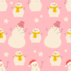 Snowman pattern. Cozy winter. Adorable  xmas seamless pattern set for background, wrapping paper, fabric, surface design. Modern Christmas repeatable motif colourful . stock vector illustration. 