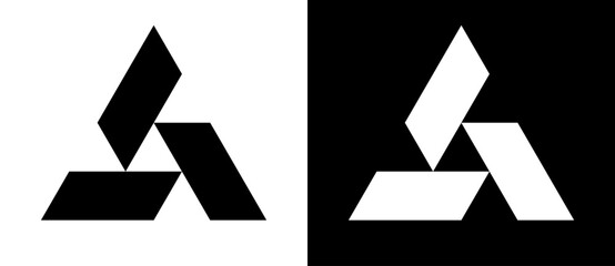 Triangle with 3 parallelograms as logo, icon or design element. Black shape on a white background and the same white shape on the black side. - obrazy, fototapety, plakaty