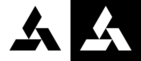 Fotobehang Triangle with 3 parallelograms as logo, icon or design element. Black shape on a white background and the same white shape on the black side. © Mykola Mazuryk