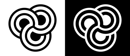 Abstract background with 3 circles and lines in spiral as logo, icon or design element. Black shape on a white background and the same white shape on the black side.