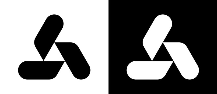 Triangle with 3 rounded shapes as logo, icon or design element. Black shape on a white background and the same white shape on the black side.