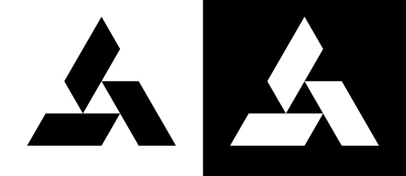 Triangle with 3 parallelograms as logo, icon or design element. Black shape on a white background and the same white shape on the black side.