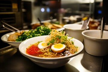 delicious beautiful bowl of ramen. Noodles with egg. Japanese dish, Chinese food. Thai street food. Asian dish.