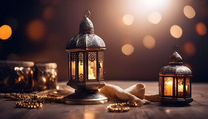 a wish lamp on a table against a background of blurred light, a lantern, an Arabic fairy tale bokeh - obrazy, fototapety, plakaty
