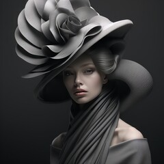 elegant woman, high-fashion, poster-like, monochromatic gray, 