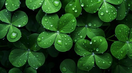 photo of a bunch of clover leafs surrounded by drops of rain water, copy space, 16:9