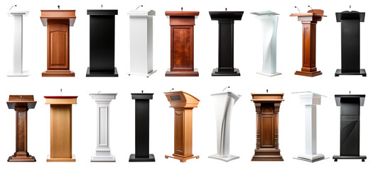 speech stand and microphone - Podium set - lectern collection - various colors, shapes and materials - isolated transparent PNG - obrazy, fototapety, plakaty