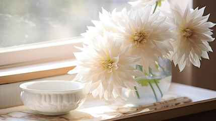 Obraz na płótnie Canvas White Dahlias in Vase with Morning Light on Window Sill