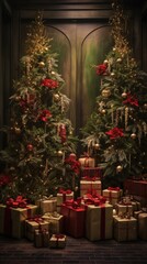 Fototapeta na wymiar Beautiful photo zone with professional equipment and decorated Christmas tree