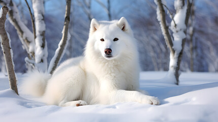 Obraz premium Majestic White Samoyed Dog in Snowy Landscape