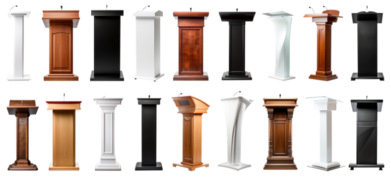 speech stand and microphone - Podium set - lectern collection - various colors, shapes and materials - isolated transparent PNG