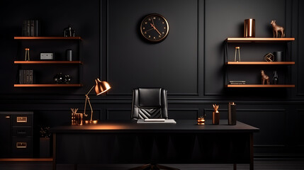 Modern workplace with dark luxury style with copy space and office supplies. Ai generated