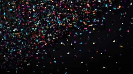 Falling colorful confetti on black background. Festive and celebration abstract background.