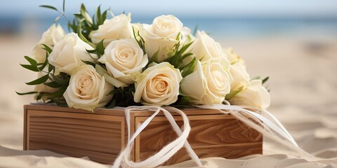 Beach Wedding Elegance - Bouquet of Roses in Wooden Box on Sandy Shore - Nuptial Decor & Coastal Romance 