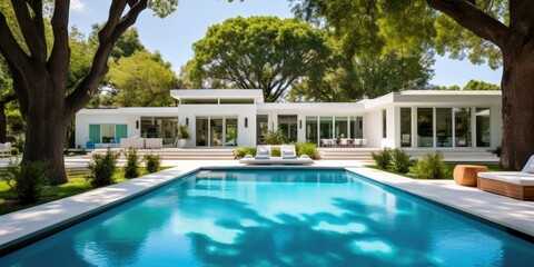 Fototapeta na wymiar Backyard Bliss - White House Oasis with Modern Swimming Pool - Contemporary Elegance & Residential Retreat