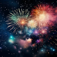 Naklejka premium Fireworks on black background, Fireworks light up the sky, festive fireworks explode on black background, ai generated image