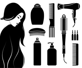 1432_Collection of professional hair dresser cosmetics and tools and beautiful woman - 687262596