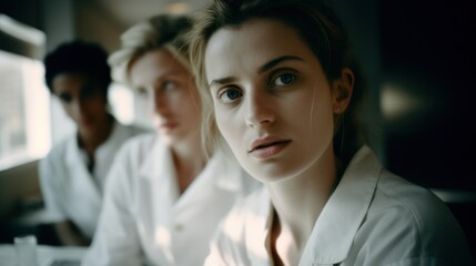 A group of hospital workers consisting of nurses and doctors with a female doctor in the foreground