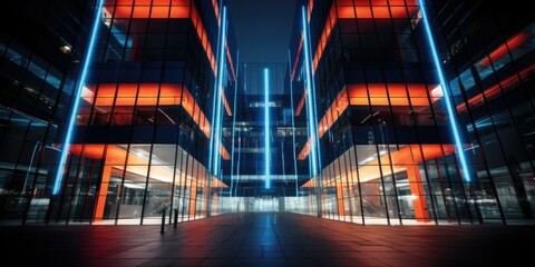 Corporate Radiance - Business Building Illuminated with Glowing Night Lights - Symbol of Success & Urban Brilliance