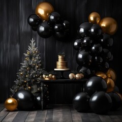 Fototapeta na wymiar photo zone balloons Area for celebrating Christmas tree decorated with garlands and ball