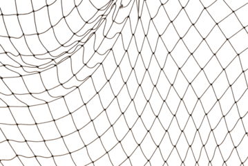 Icy mesh made of rope in the snow on a white background. Torn fishing, football, tennis net isolate