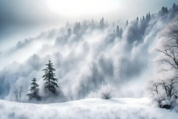 A panoramic view of a snow-covered hill, with fog creating an enchanting atmosphere in the midst of a winter forest.