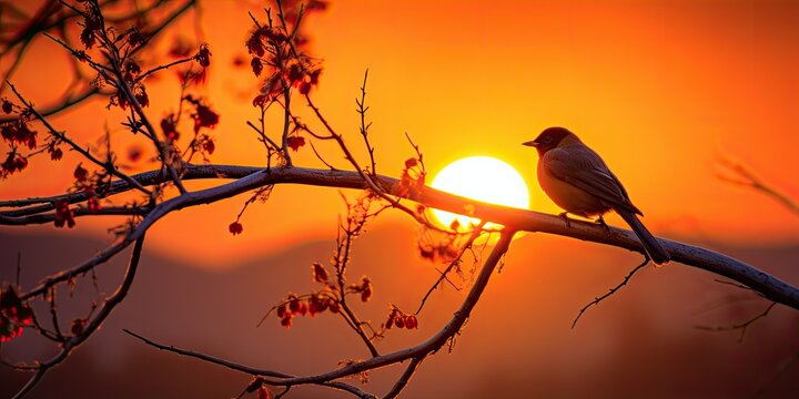 Dawn's Embrace - Glorious Sunrise with Silhouetted Bird - Nature's Awakening & Morning Symphony