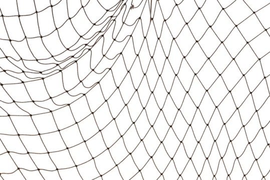 Icy mesh made of rope in the snow on a white background. Torn fishing, football, tennis net isolate