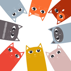 Various emotions of fancy cute cats of different colors sit in a circle on a white background. 