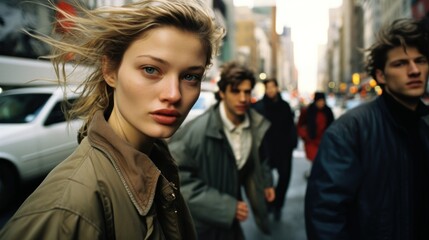 A photo highlighting the city bustle with a female model in the foreground