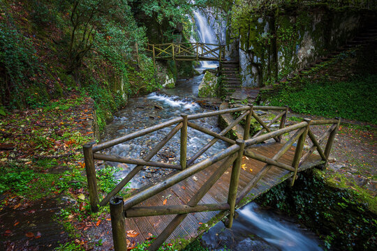 Fraga da Pena Waterfall trail in serra do A&ccedil;or mountain, Portugal
