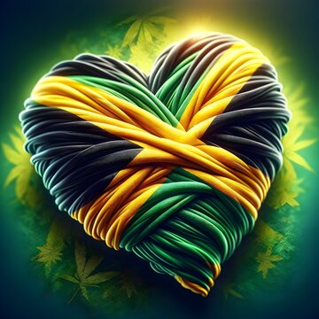 Vibrant Jamaican flag embraced by a heart, representing love for Jamaica's rich culture and national pride. Caribbean, patriotism, unity.