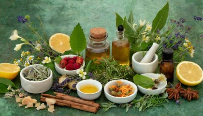 Obraz na płótnie Canvas botanical blends herbs essencial oils for naturopathy natural remedy herbal medicine blends for bath and tea on green background