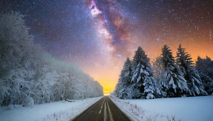 road leading towards colorful sunrise between snow covered trees with epic milky way on the sky