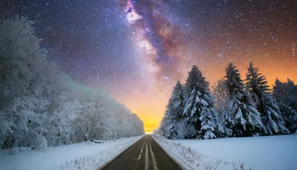 Fotobehang road leading towards colorful sunrise between snow covered trees with epic milky way on the sky © Alicia