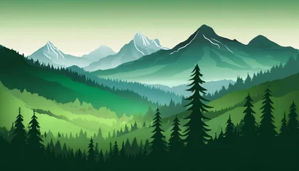 Türaufkleber landscape forest mountains nature adventure travel background panorama illustration of dark green silhouette of valley view of forest fir trees and mountains peak generative ai © Alicia