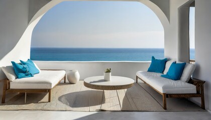 Obraz na płótnie Canvas minimalist greek resort by the sea indoor outdoor space with lounging furniture with cushions and throw