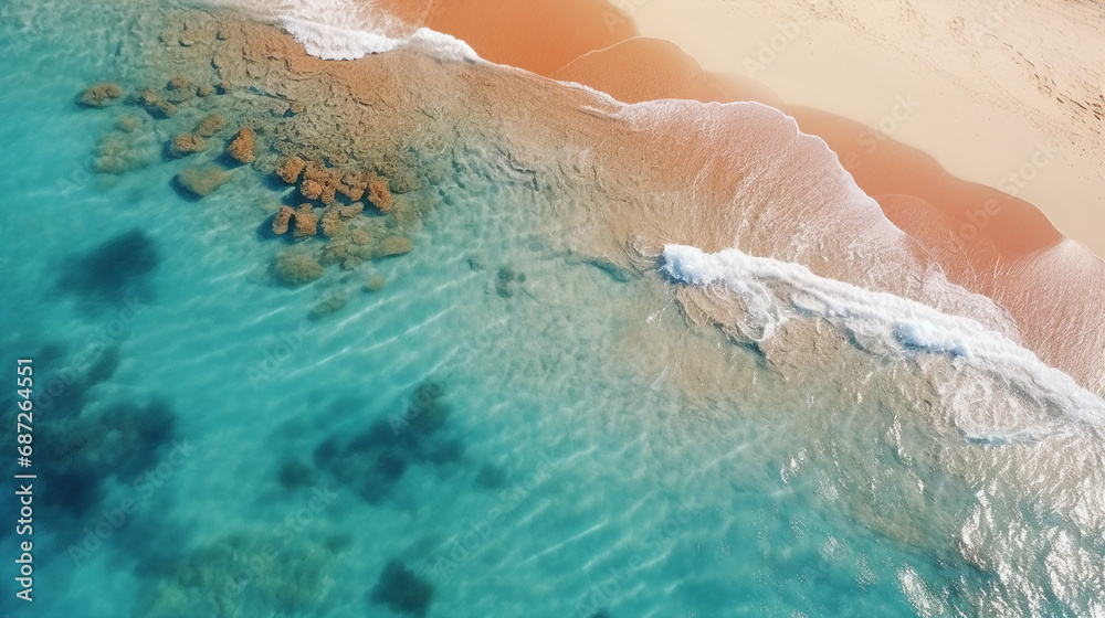 Poster aerial view of pristine beach and coral reefs background