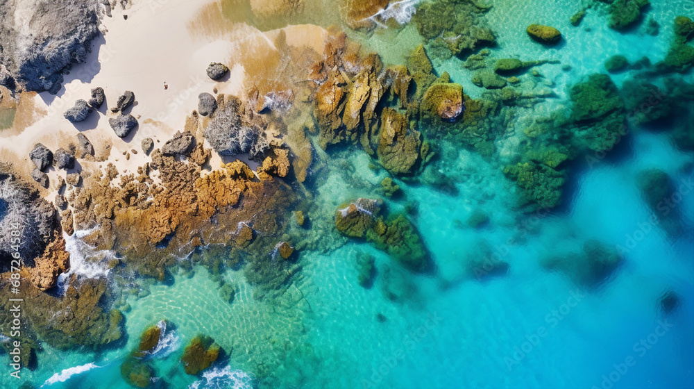 Poster aerial view of pristine beach and coral reefs background