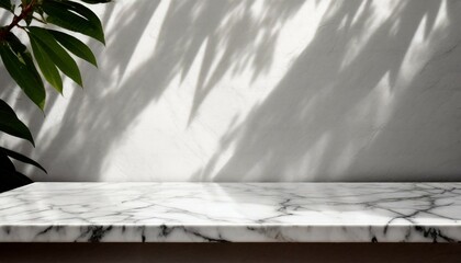 marble table with tree shadow drop on white wall background for mockup product display