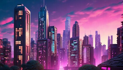 3d cgi rendered illustration retro anime inspired dark city at night skyline with buildings...