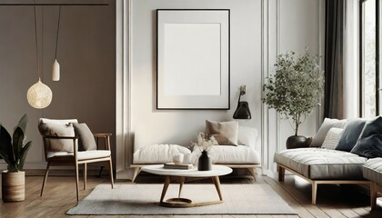 vertical poster frame mock up in scandinavian style living room interior modern living room interior background 3d rendering