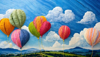 feutrage abstrait broderie pour enfants imprime ballons colores aeronautes dans un paysage de couleurs vives ciel bleu sur fond de nuages mignons degrades ia generative ia - obrazy, fototapety, plakaty