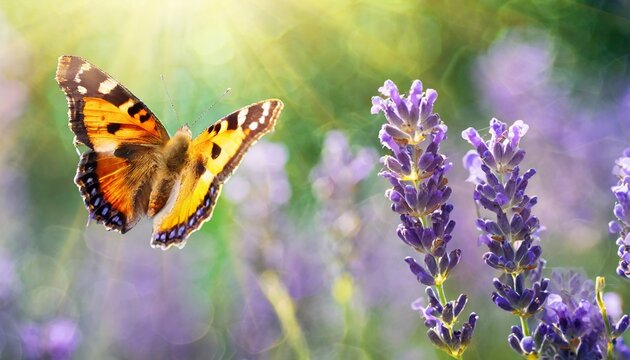 sunny summer nature background with fly butterfly and lavender flowers with sunlight and bokeh outdoor nature banner
