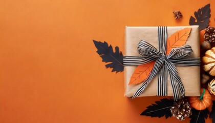 top view of fall themed handmade paper gift box on orange background with copy space