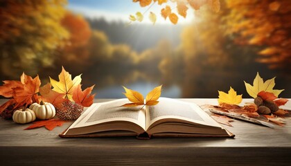autumn scene an open book on a table good morning in the background ai generative