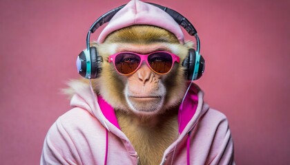 portrait of a gangster monkey wearing pink hoodie sunglasses and head phones in pink background