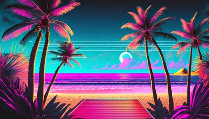 Fototapeta na wymiar aesthetic beach synthwave retrowave wallpaper with a cool and vibrant neon design generative ai